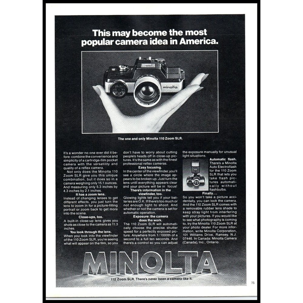 1978 Minolta 110 Zoom SLR Camera Vintage Print Ad Film Photography Wall Art